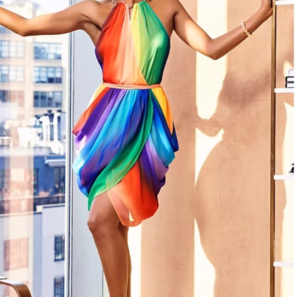NWT RAINBOW DRAPED DRESS - Pride - Tulip Skirt - M - Picture 4 of 8